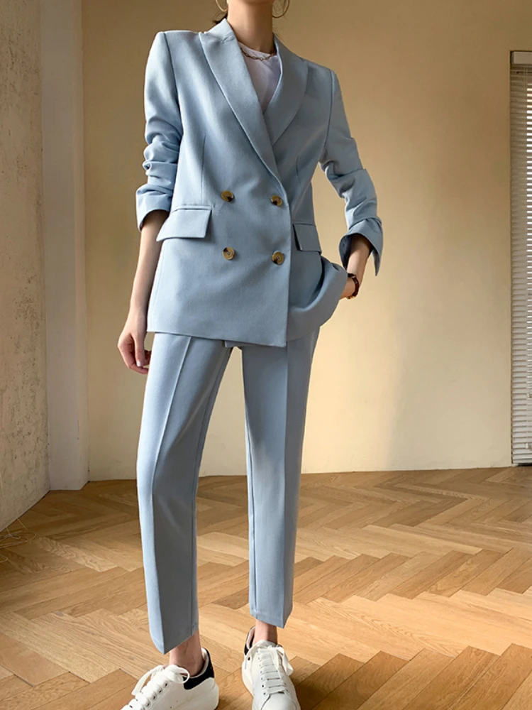 

New Korea Fashion Women Blazer Pantsuit Casual Solid Elegant Blaser Jackets Straight Pants 2 Pieces Female Vintage Trousers Suit