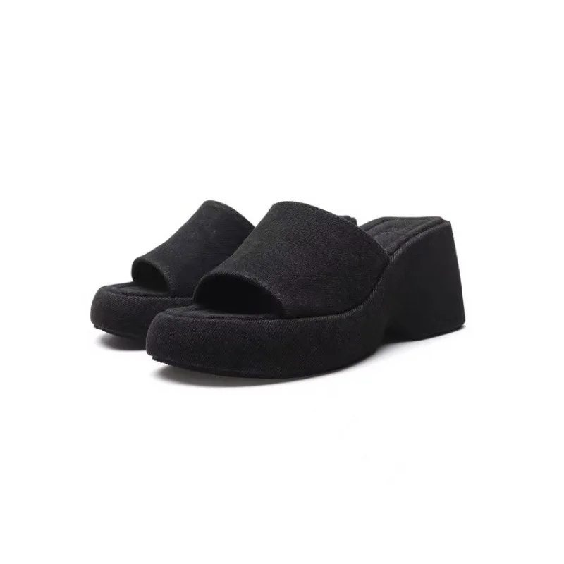 

ZASummer New Women's Shoes Black Denim Waterproof Platform Slope Heel Sandals Elevated One Line with Matsutake Thick Sole Sandal