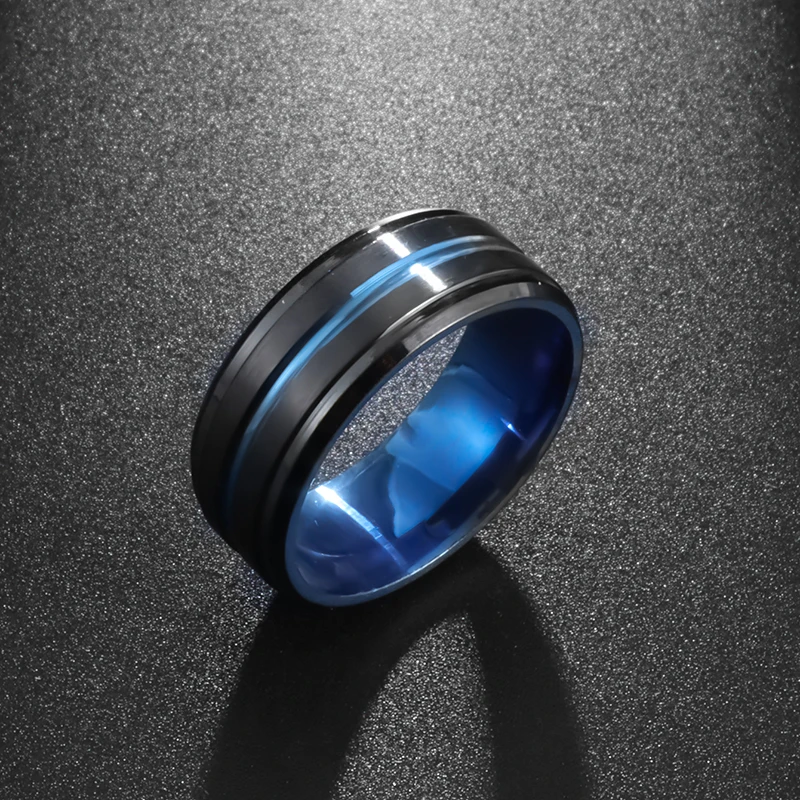 

Stainless Steel Ring Classic Simple Design Blue Groove Ring Men's Fashion Personality Street Party Motorcycle Technological Ring