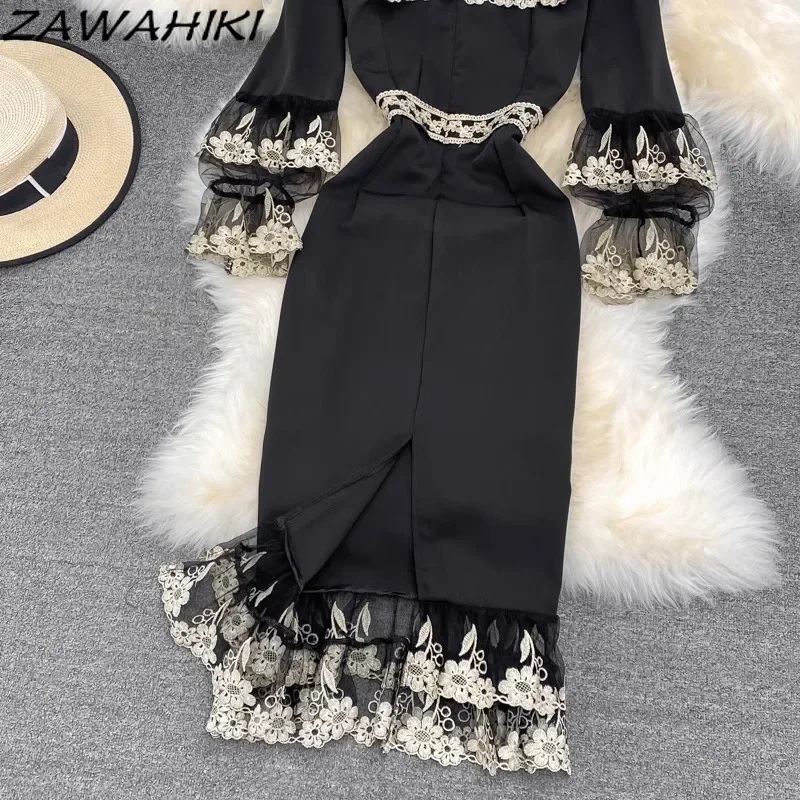 Женское кружевное платье с вышивкой винтажное плиссированное зауженной талией