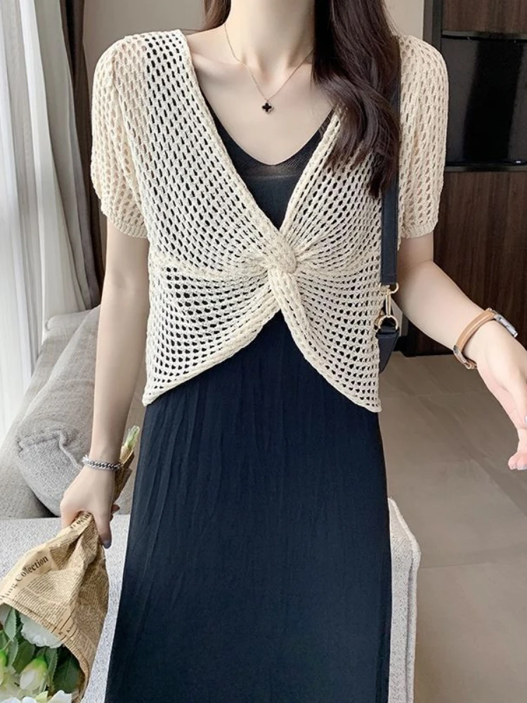 

Gentle wind kink design smock women's new summer pullover net shirt with skirt top knitted hollow shirt