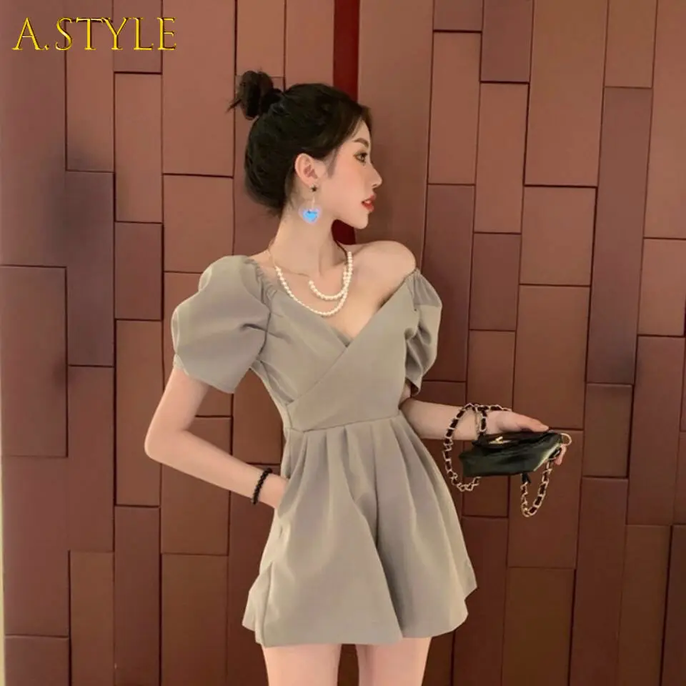 

A GIRLS Rompers Women Short Puff Sleeves Elegant Wide Leg V-neck Office Friends Casual High Waist Cozy Design Korean Style Chic