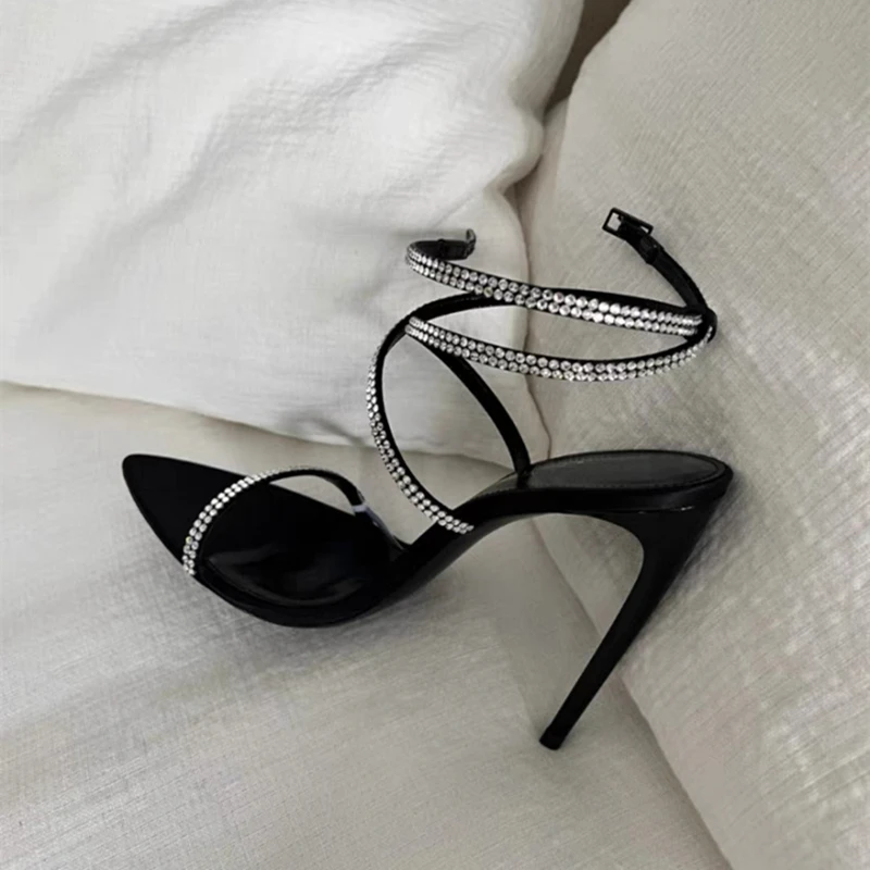 Spring and Summer European and American New Pointed High Heels Rhinestone Cross Strap Black Sexy Fashion Sandals
