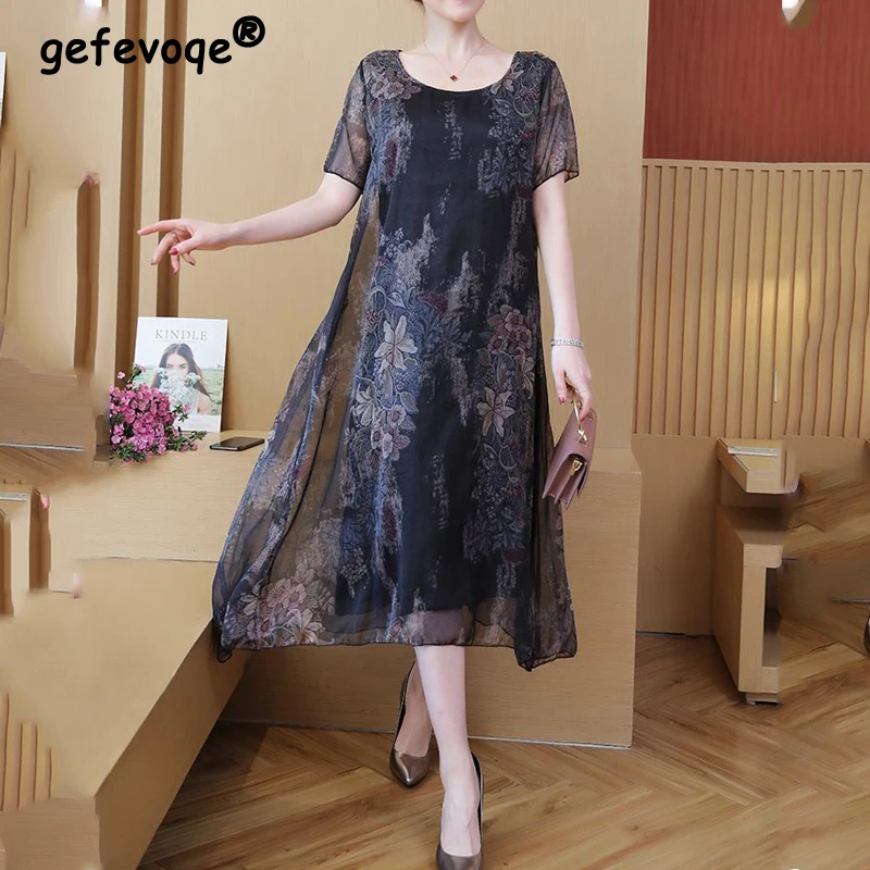 

2022 Floral Chiffon Vintage Midi Dresses Elegant Middle Aged Female Printed Summer Office Lady Party Casual Loose Dress Vestidos
