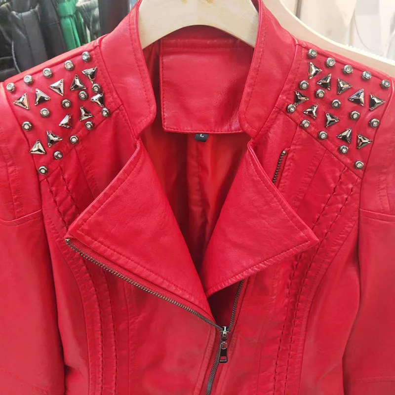 2023 New Fashion Black Motorcycle Leather Jacket Women Rivet Zippers Biker Leather Coat Female Outerwear M-4XL