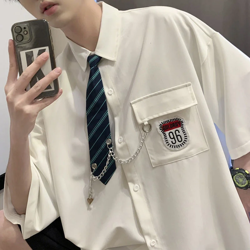 

NoEstaMal Streetwear Letter Label Men's Shirt Japanese College Style Short Sleeve Blouses Turn-down Collar Summer All-match Tops