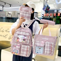 sanrio four piece plaid student schoolbag 2022 new korean version of the student bag fashion casual canvas backpack