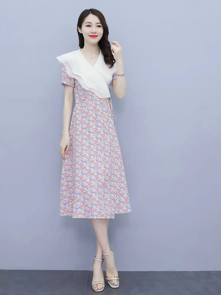 

Summer Women Green Pink Floral Wrap Dresses White Layered Flounce Collar One Piece Robe Ladies Short Sleeve Calf Length Dress