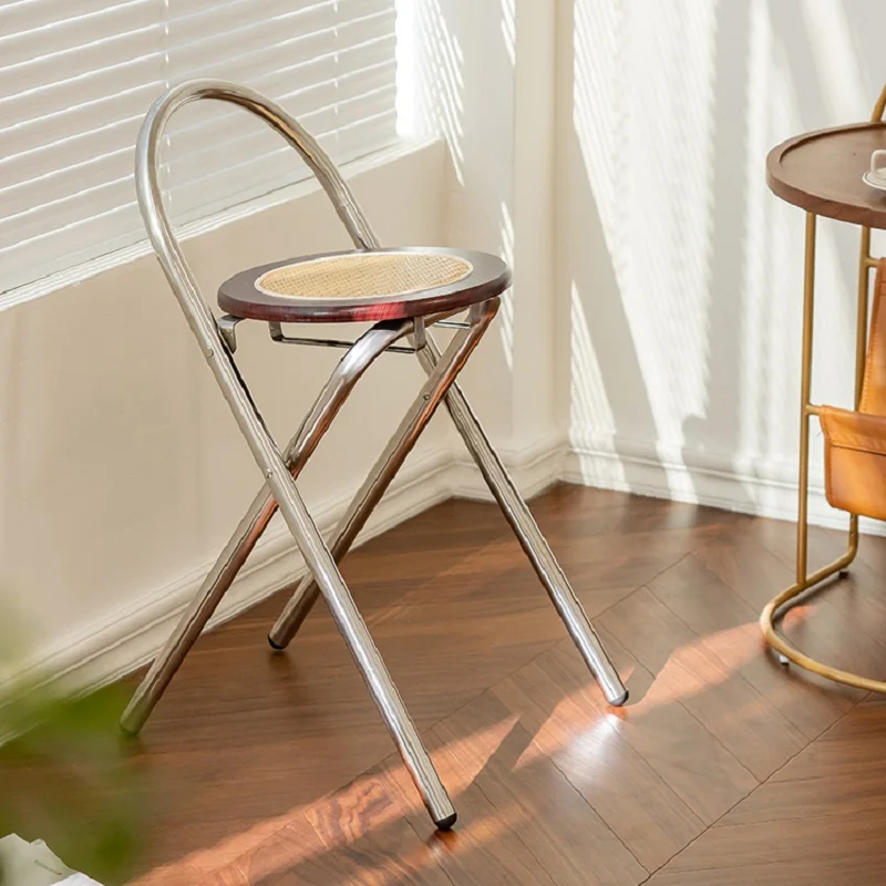 Medieval Rattan Folding Chair Cafe Wabi Sabi Wind Back Chair Small Apartment Stainless Steel Dining Chair