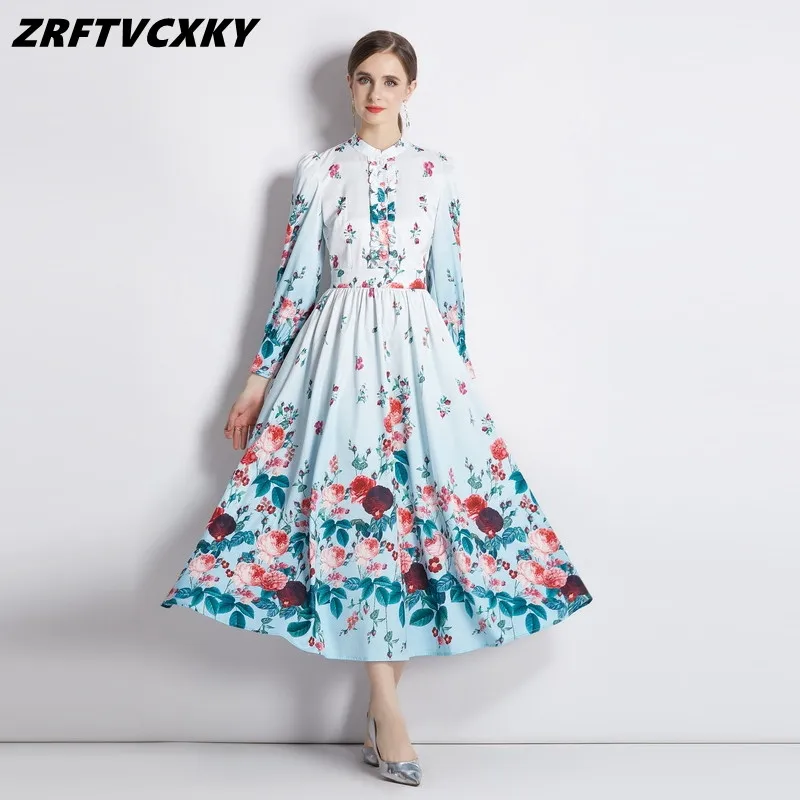 

Женское модельное Платье макси с воротником-стойкой, винтажное Элегантное Длинное платье с оборками и градиентным цветочным принтом для отдыха и пляжа, осень