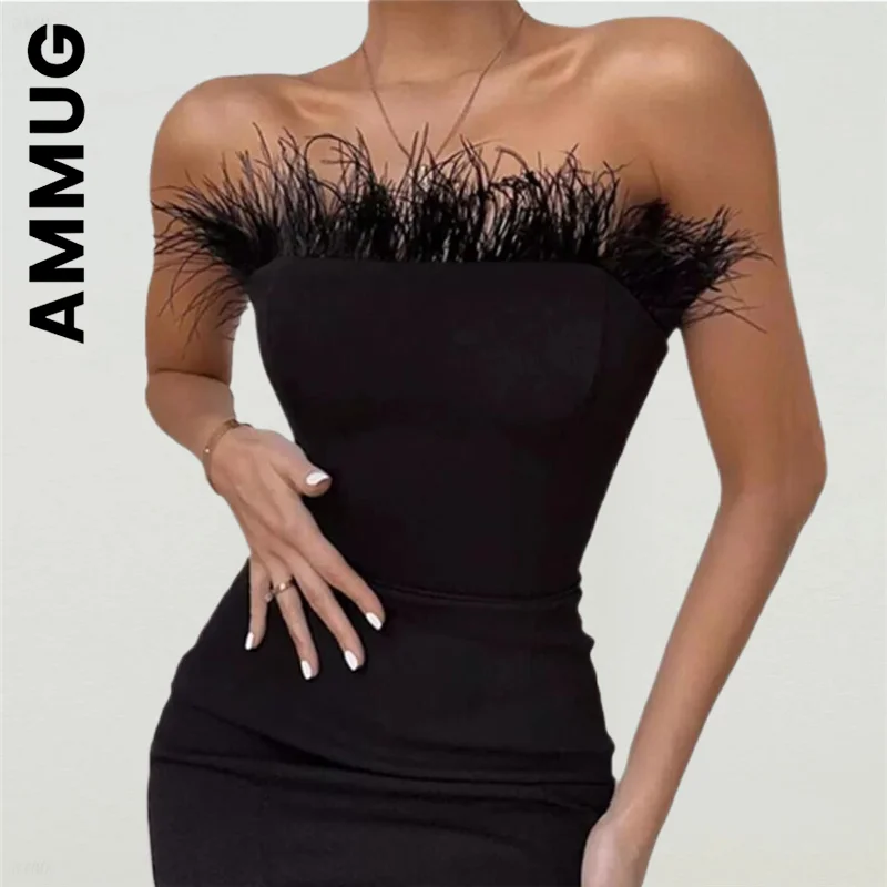 

Ammug Dress Fashion Women Backless Feather Black Midi Women Bodycon Bandage Dress All-Match Cheap Clothing Female Vestidos
