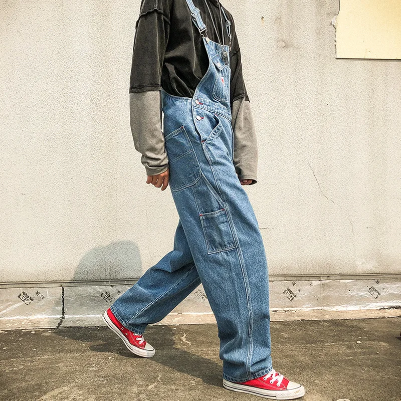 Strap Jeans Loose Wide-leg Pants Men American Straight Casual Daddy Suspenders Overalls Cargo Workwear Denim Jumpsuit