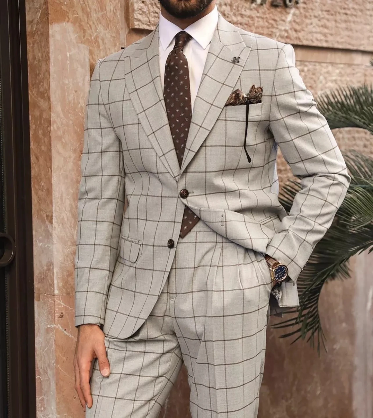 

Tailored Khaki Lattice Men's Suits Wear Coat Custom Made Wedding Clothing Peaked Lapel Big Grid Blazer Trousers 2Pc Jacket Pants