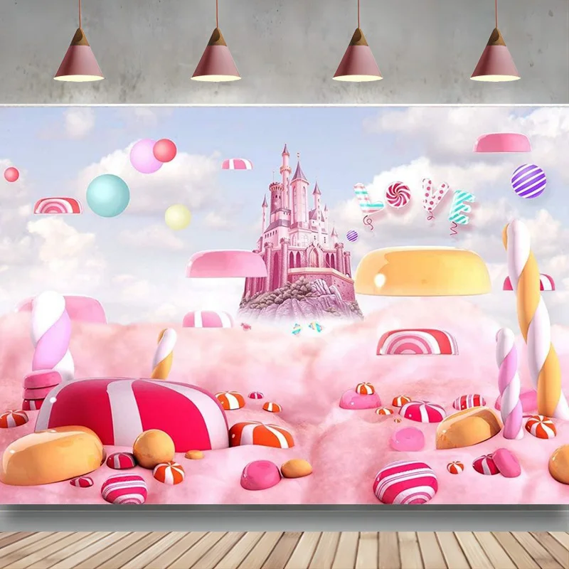 

Sweet Candy Backdrop for Girls Lollipops Fairy Tale Castle Photography Background Kids Theme Birthday Party Decoration Banner