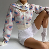 womens autumn 2021 new lapel double button long sleeve irregular short sweater shengpalae fashion printed knitted cardigan