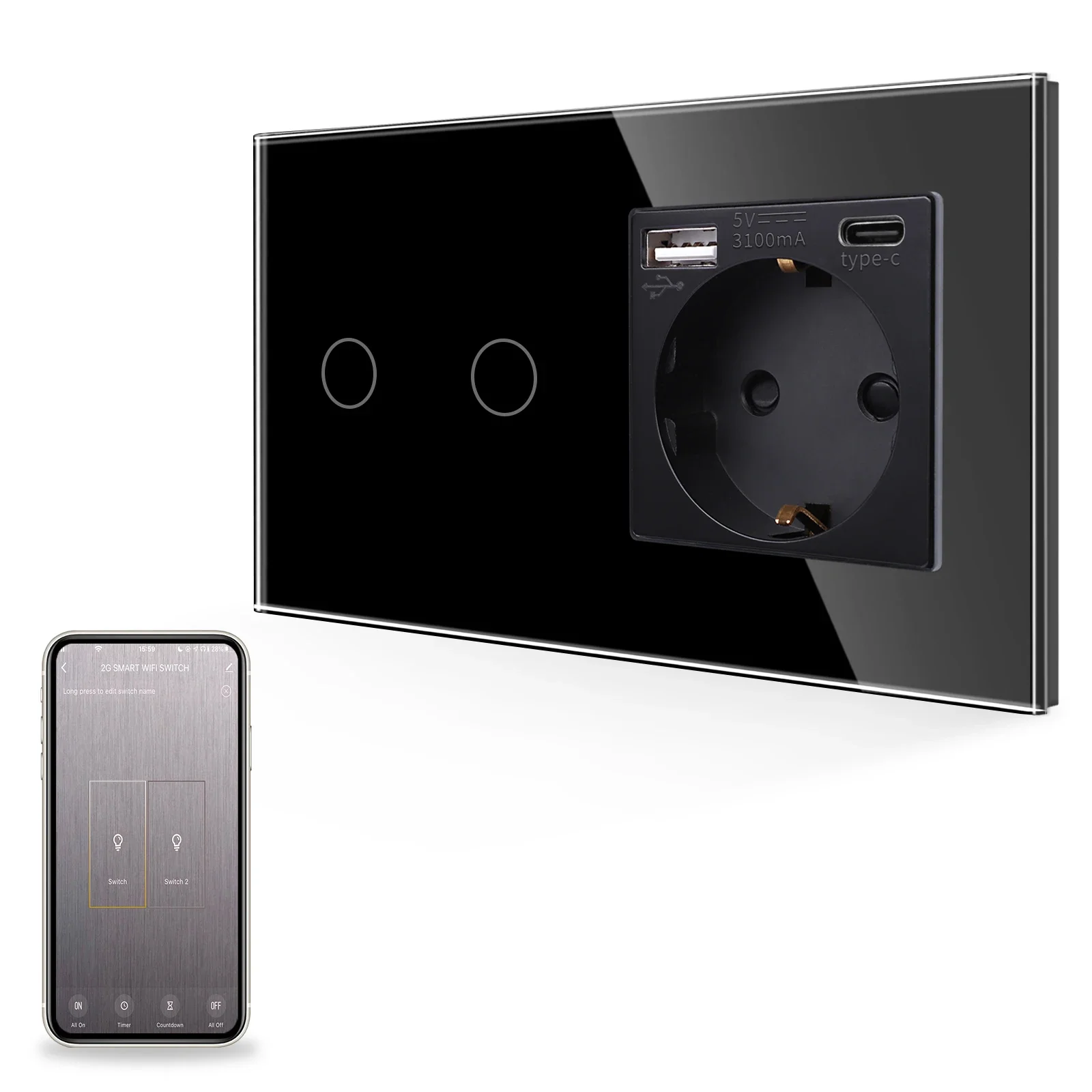 

Умный выключатель Bingoelec с Wi-Fi и монитор питания для умного разъема с черной стеклянной панелью