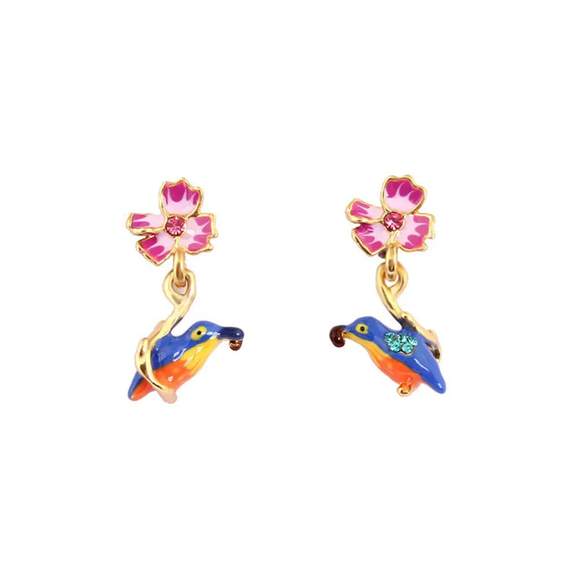 

New Fashionable and Personalized Sen Enamel Blue Bird Earrings with Gold Plated Zircon Tassel Flower S925 Silver Needle Earrings
