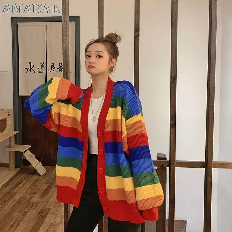 

Корейский стиль Instagram Харадзюку кардиган осень Милая Радужная вязаная полоса свитер с длинными рукавами Женская Повседневная Свободная ку...
