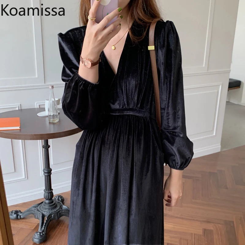 

Женское бархатное платье с V-образным вырезом Koamissa, Элегантное Черное вечернее платье на шнуровке, длинное платье без рукавов, модель 2021 год...