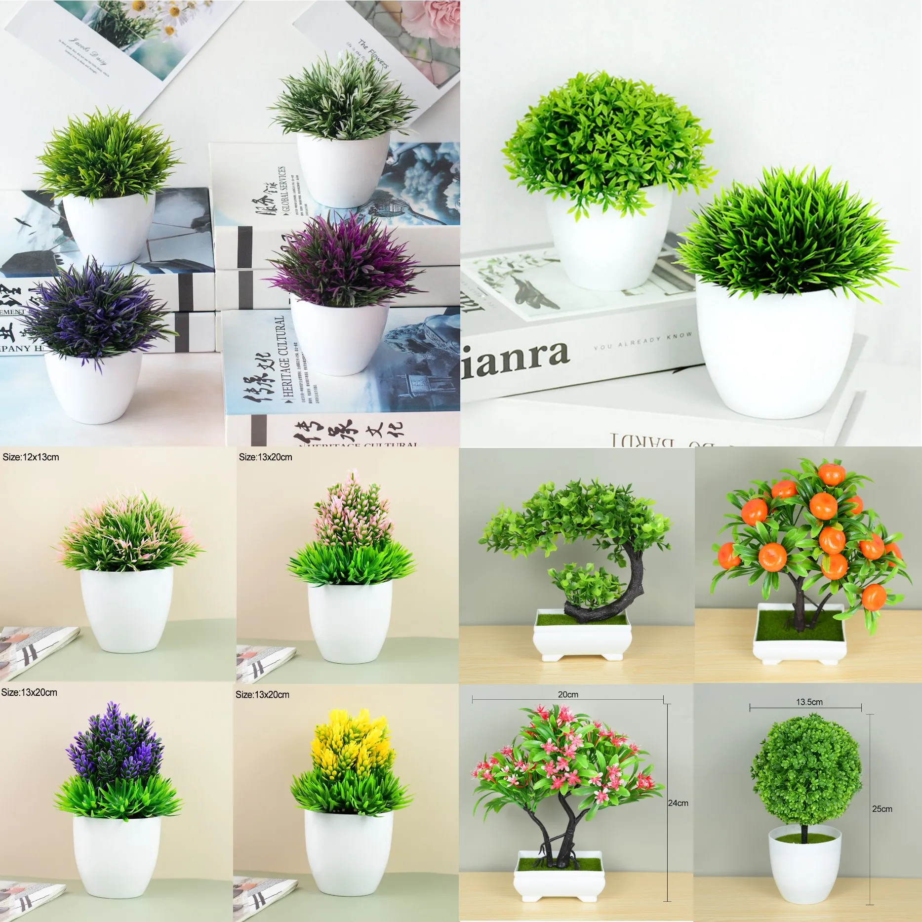 

DZQ Plants Pot Green Bonsai Small Tree Grass Artificial Plants Potted Ornament Fake Flowers for Home Garden Party Decoration