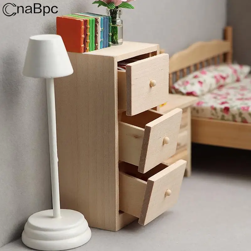 

1:12 Mini Simulation Furniture Toys Mini Wooden Locker Storage Cabinet With Three Drawers DIY Scene Decoration Ornaments