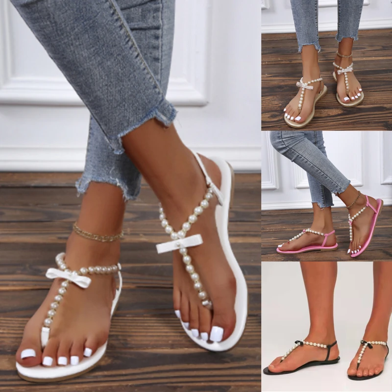 

Women Sandals Summer Shoes Flat Pearl Sandals Comfortable String Bead Beach Slippers Casual Sandals Zapatillas Mujer Plus Size