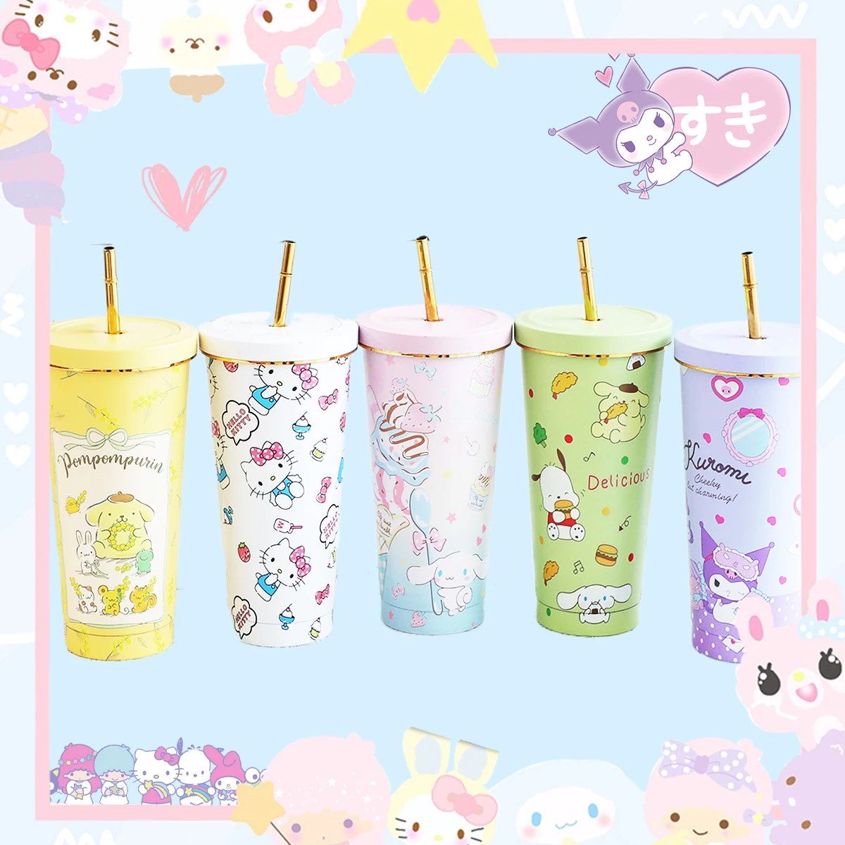 

750Ml Sanrioed Vacuum Cups Kawaii 304 Stainless Steel Straw Cup Anime My Melody Kuromi Hello Kitty Cute Portable Home Girls Gift
