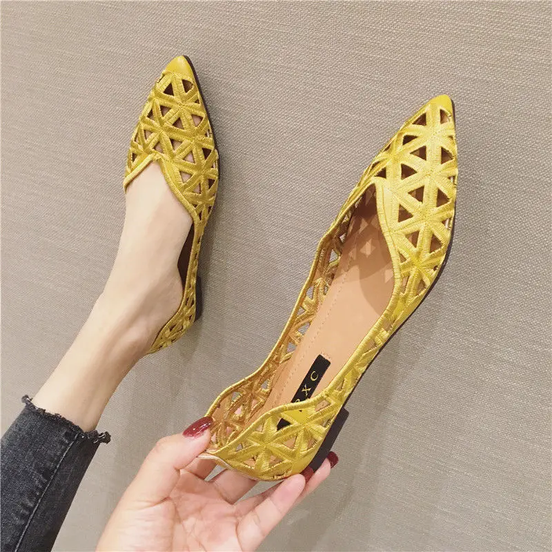 Flat Shoes Women 2023 Summer Pointy Joker Hollow Leisure Commuter Flat Spring Shoes Elegant Women's Shoes Breathable Hole Shoes