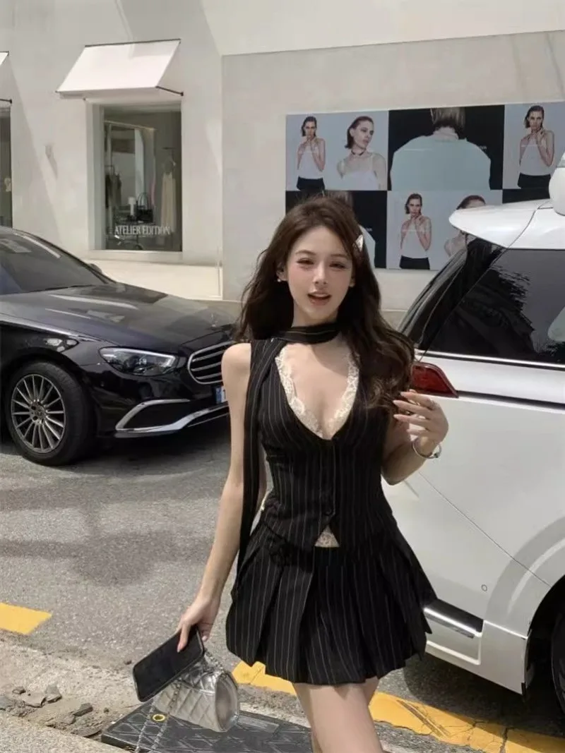 Корейский модный кружевной жилет с V-образным вырезом в полоску женская летняя