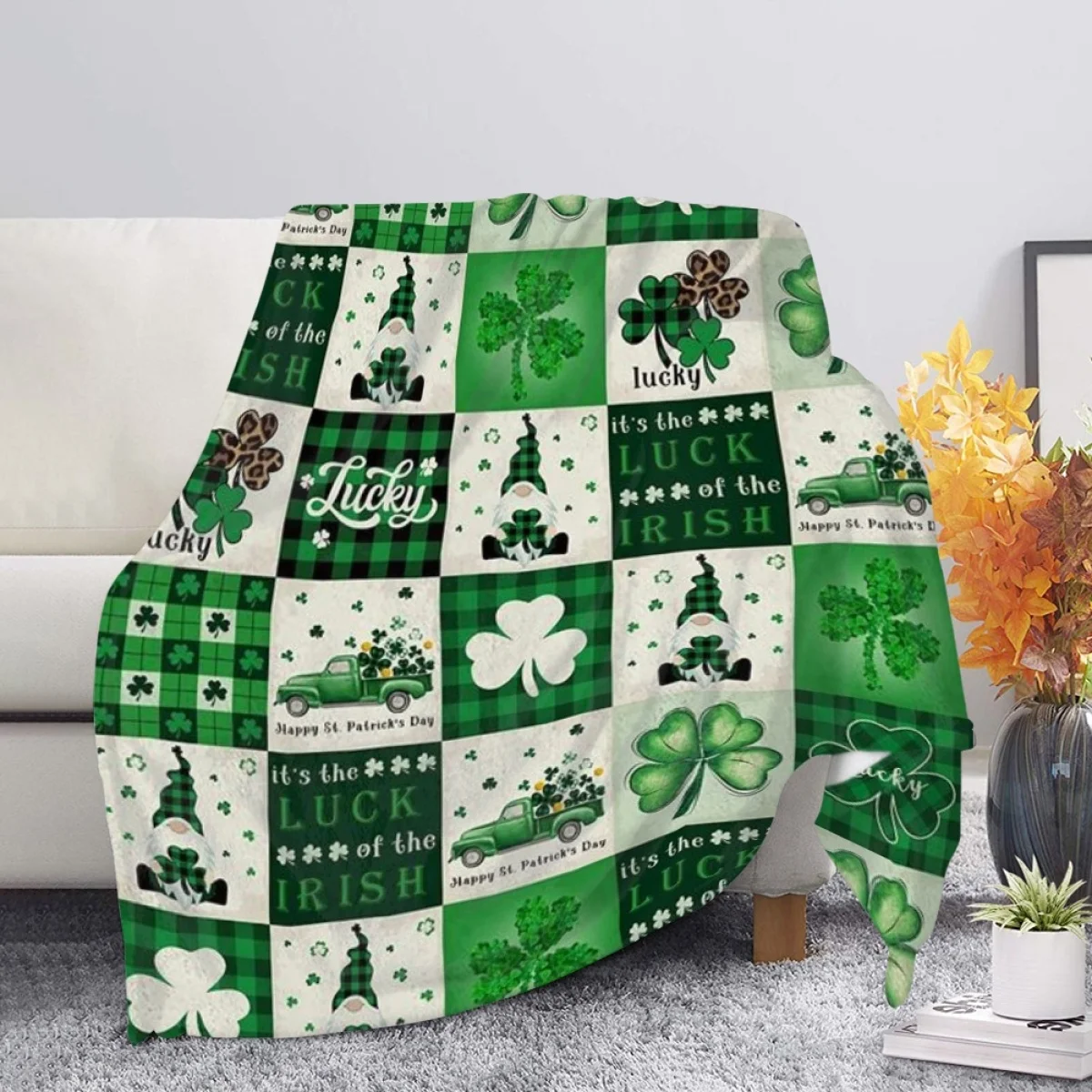 

TOADDMOS Creative Plaid St. Patrick Print Throw Blanket Irish Blessing Super Soft Cozy Flannel Blanket Positive Family Gift