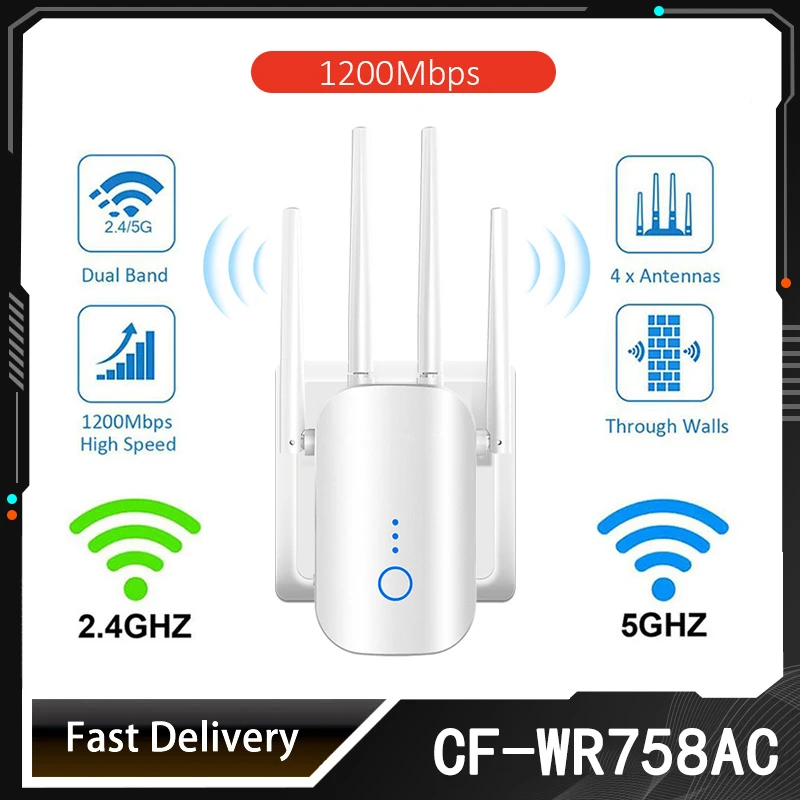 

Wireless WiFi Range Extender 1200Mbps 2.4/5Ghz Dual Band Repeater Booster with 4 Ethernet Antennas CF-WR758AC