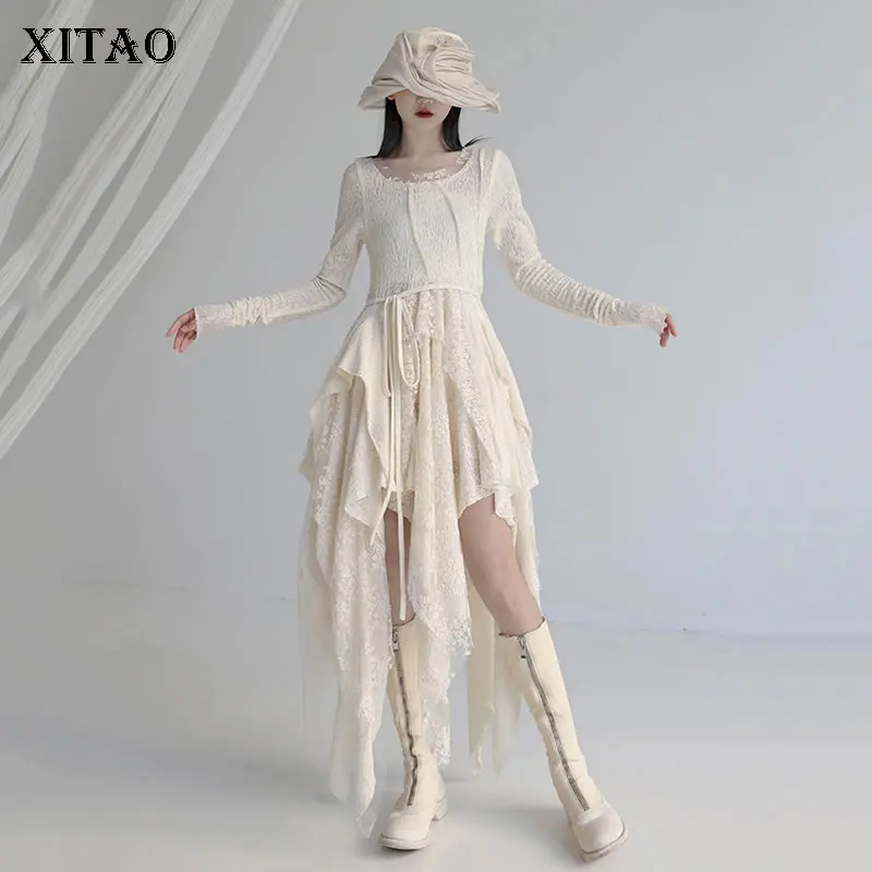 

XITAO асимметричное кружевное платье с сеткой, женское модное Бандажное платье с круглым вырезом, темпераментная юбка феи, новинка 2022, WLD6627