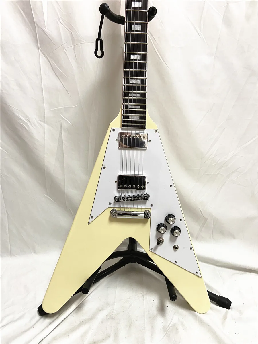 

High quality classic Cream yellow aircraft V fork electric guitar White guard rose wood fingerboard free shipping