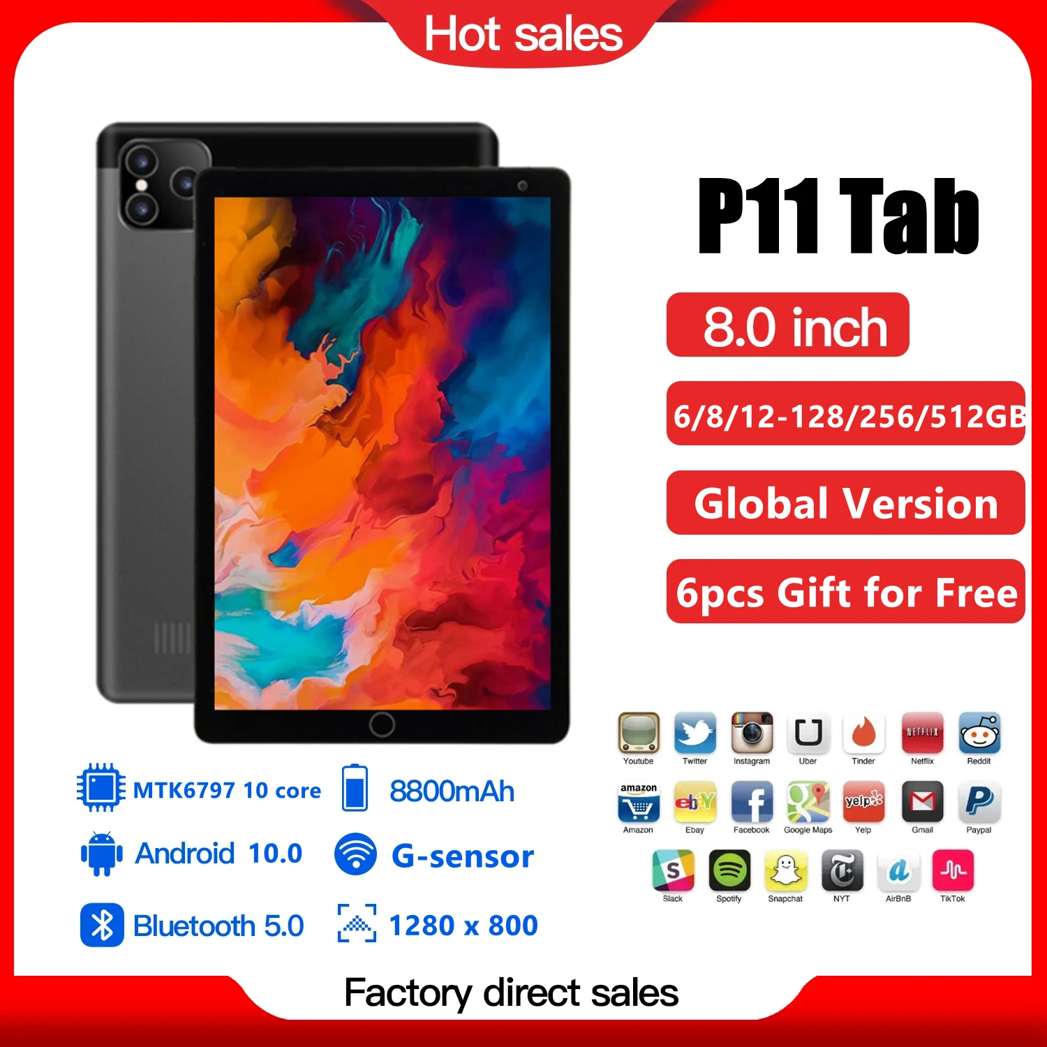 

Global Version Tab 10 inches P11 pro Pad Full HD Screen Tablet Android 10 Dual Sim Camera 10Core 8800mAh Tablet Android P11 Tab