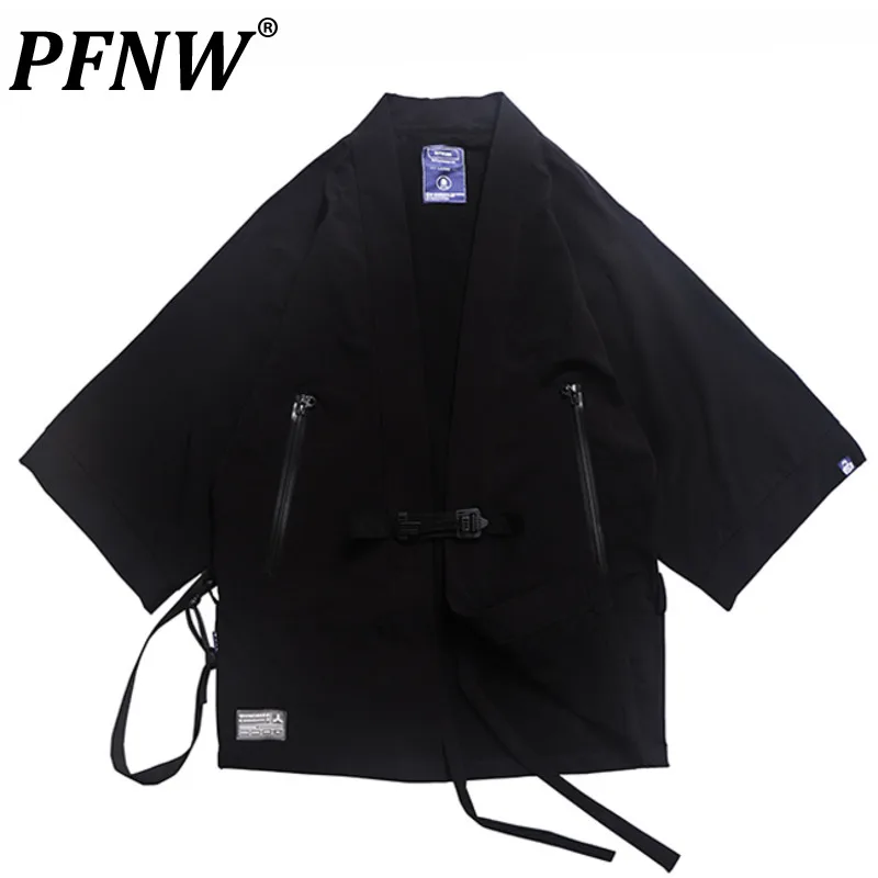 

PFNW Autumn Winter Men's High Street Darkwear Five Quarter Sleeve Jacket Open Stitch Medium Long Coat Casual Windbreaker 12A7400