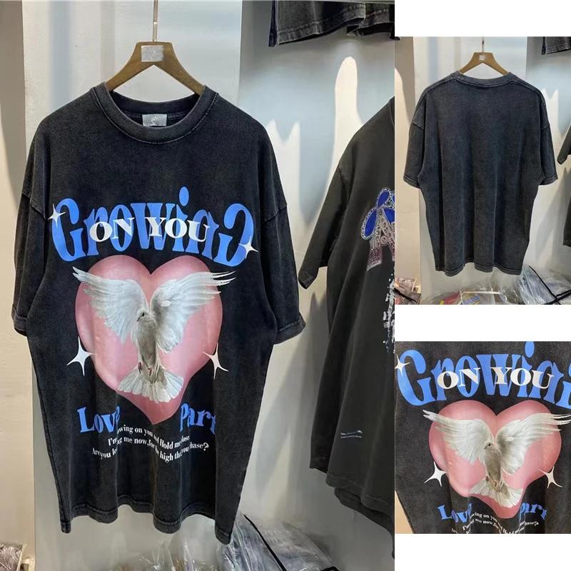 

High Quality Washed Heavy Fabric Fashion T Shirt Men Peace Pigeonlove Graphic T Shirts Streetwear Cotton Tees