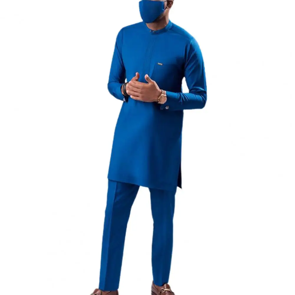 Tops Trousers Set Straight Pattern Soft Firm Stitching Long Top Two-pieced Tops Pants Set Autumn Men Suit Daily Garment