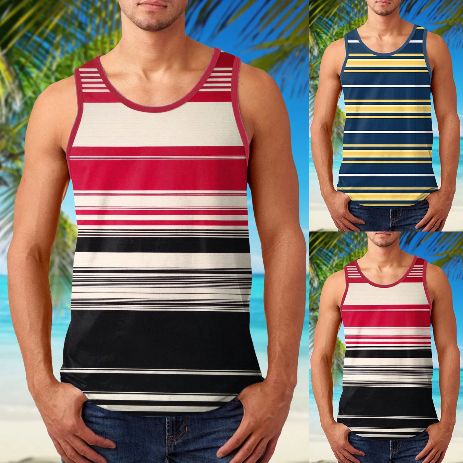 

Summer Mix Color Striped Sleeveless Shirt Casual Fashion Fitness Stringer Tank Top Men Bodybuilding Soft and Breathable Clothing