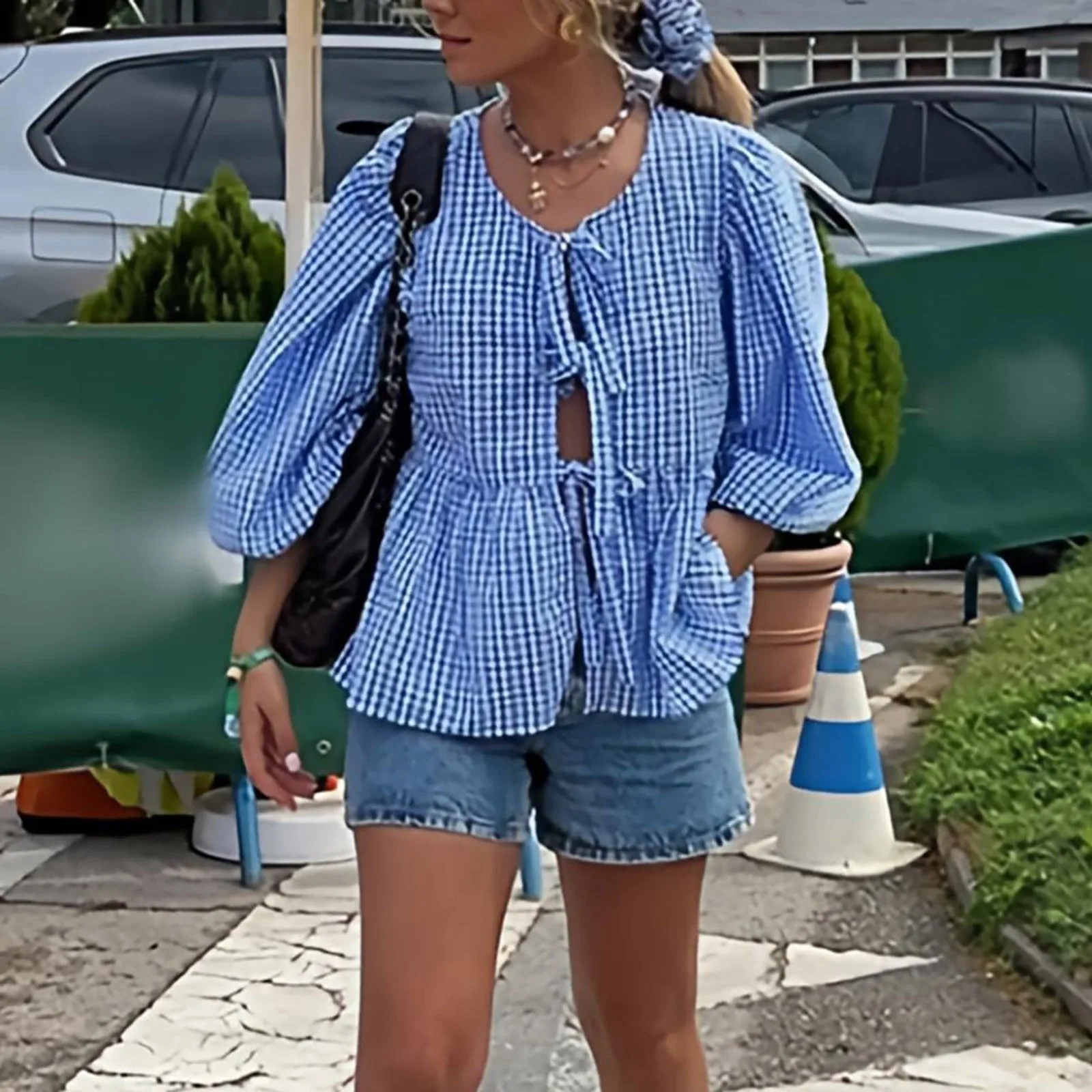 Женские рубашки с пышными короткими рукавами баской блузка завязкой спереди и