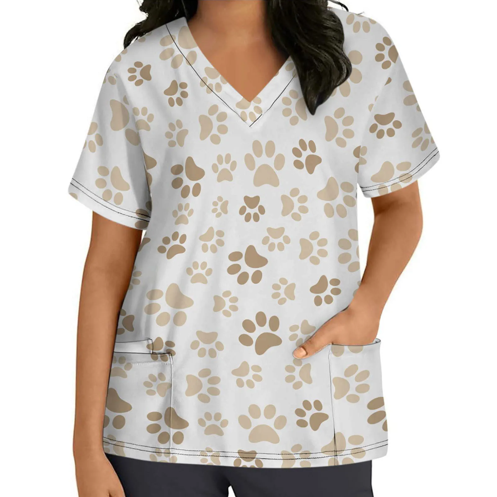 

Loose Fit Tops For Women Summer Short Sleeve Tops Casual Flower Print Workwear V Neck Pockets Workwear