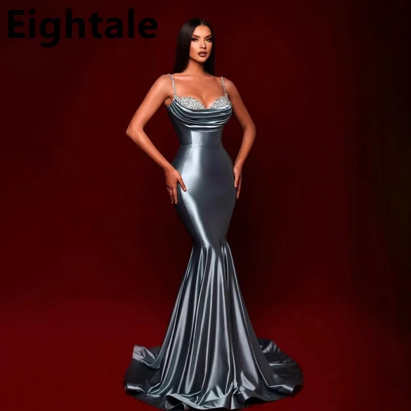 

Eightale Silver Satin Mermaid Evening Dress With Crystals Beading Spaghetti Straps Formal Prom Party Gown vestidos de noche