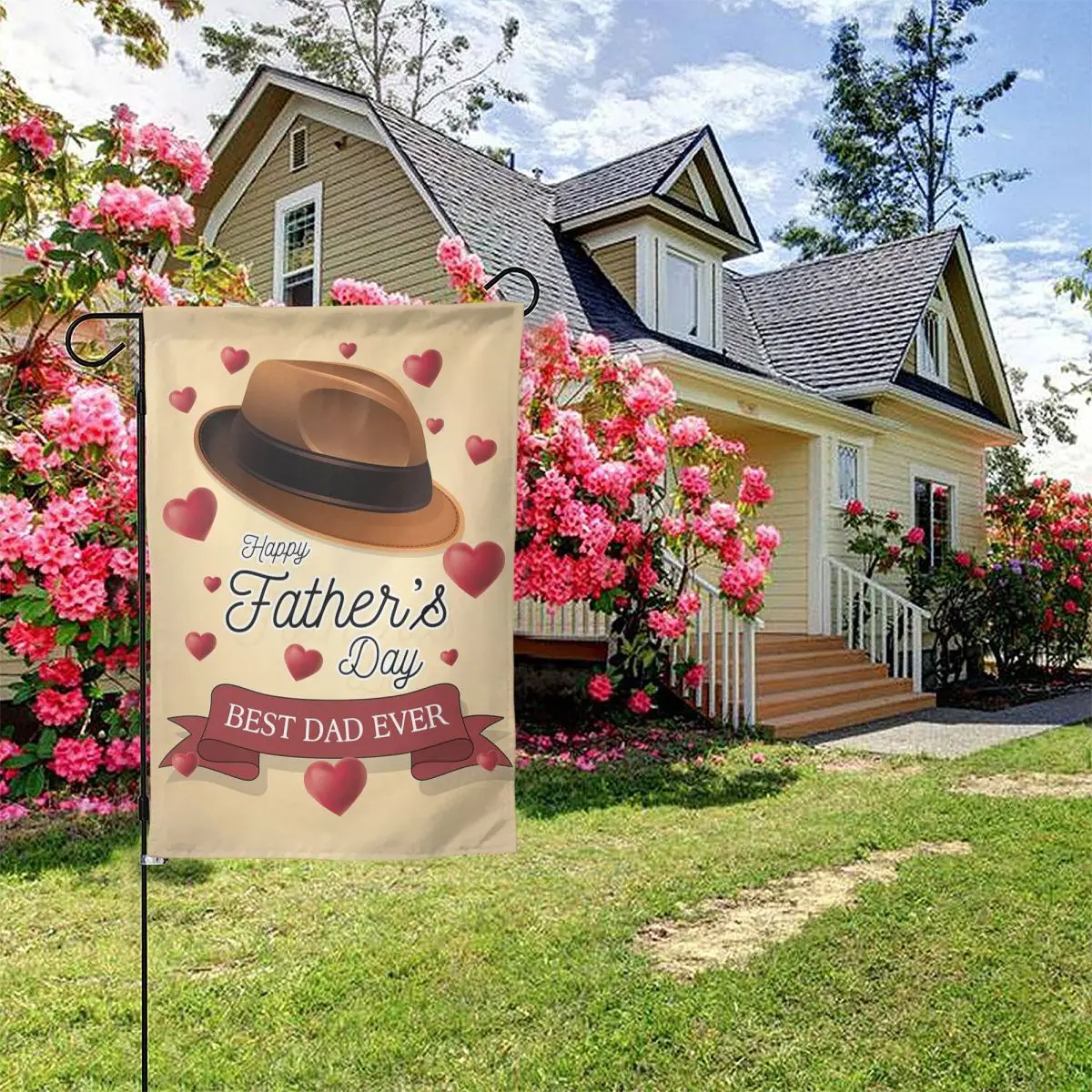 

America Forever Father's Day Garden Flag - Fedora And Hearts - World's Best Dad - Happy Father's Day Love Garden Flag