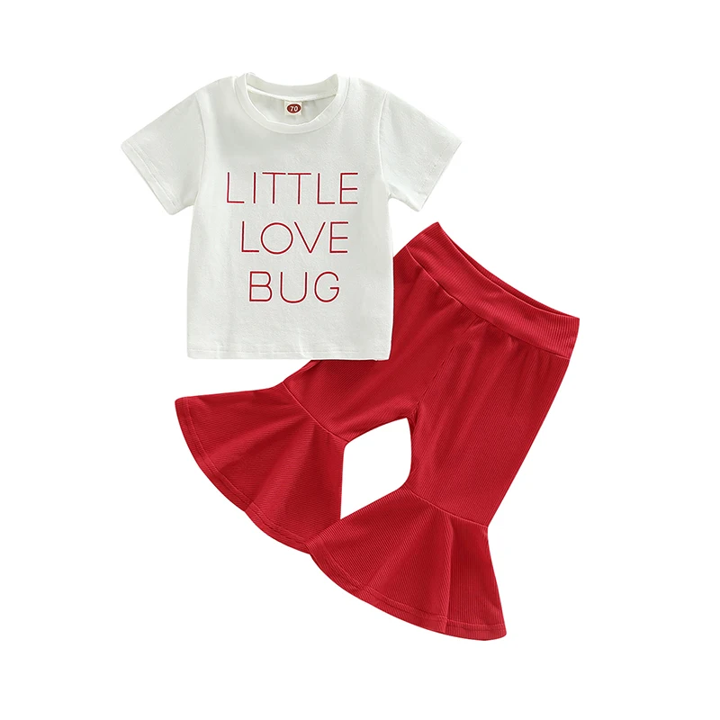 

0-3T Valentine's Day Baby Girls Outfits Letters Print Short Sleeve Tops and Casual Flare Pants Set Tracksuit For Children