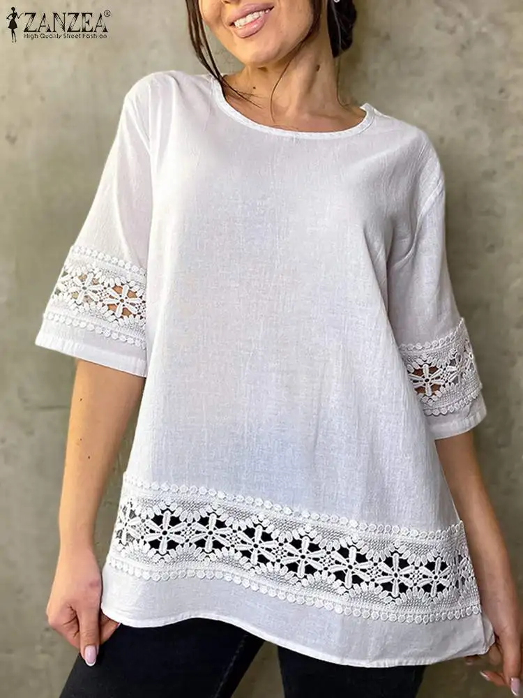 

Holiday Hollow Out Blouse ZANZEA Women Lace Stitching Elegant Half Sleeve Shirt O-neck Tops 2023 Summer Casual Loose Blusa Femme