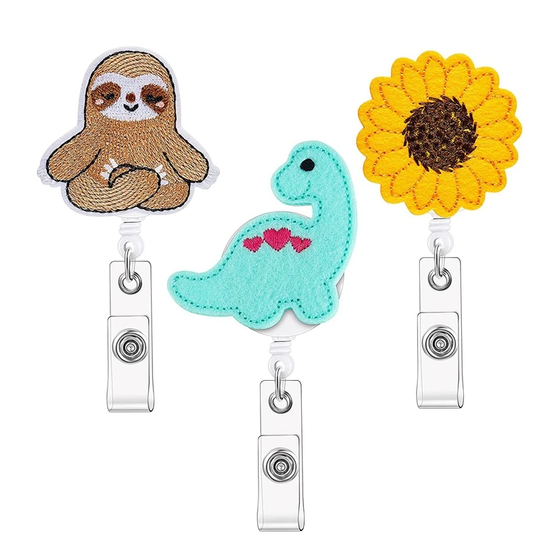 

3PCS Retractable Badge Clip 360° Rotating Clip Badge Holders Cute Sloth Flower Dinosaur Badge Alligator Clip For Nurses