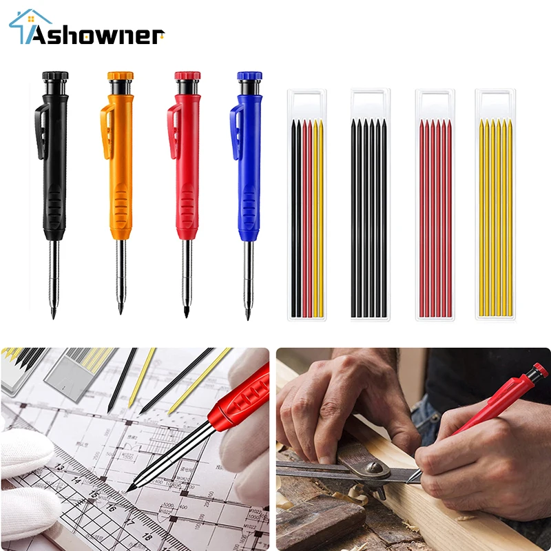 

Solid Carpenter Pencil Set with 7 Refill Leads Built-in Sharpener Deep Hole Mechanical Pencil Marker Set Woodworking Marker Tool