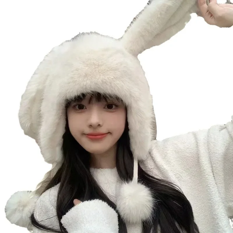 Кепка-ракета с милым кроликом беруши плюшевая шапка женская зимняя утолщенная