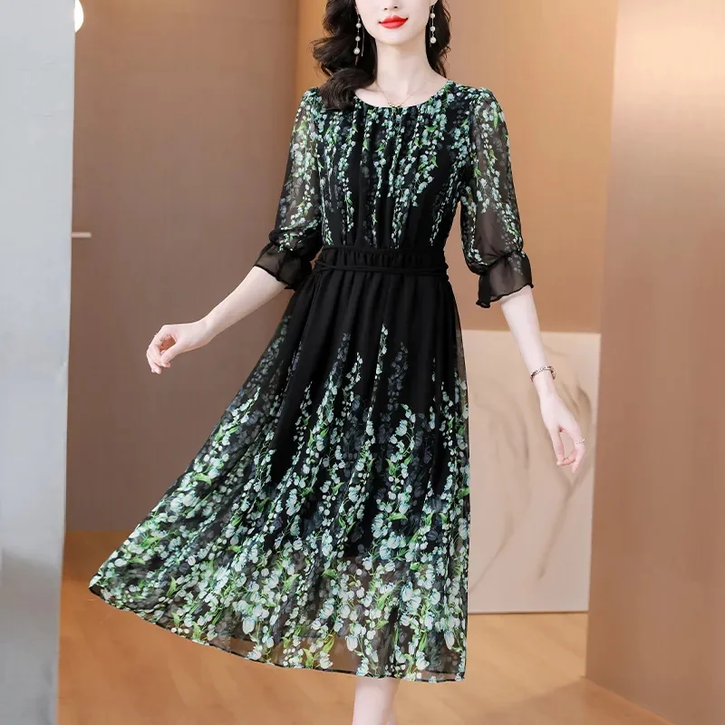 

High End Temperament Summer Celebrity Style Lady Style French Waistband Floral Chiffon Dress Loose Belly Covering Mom Skirt