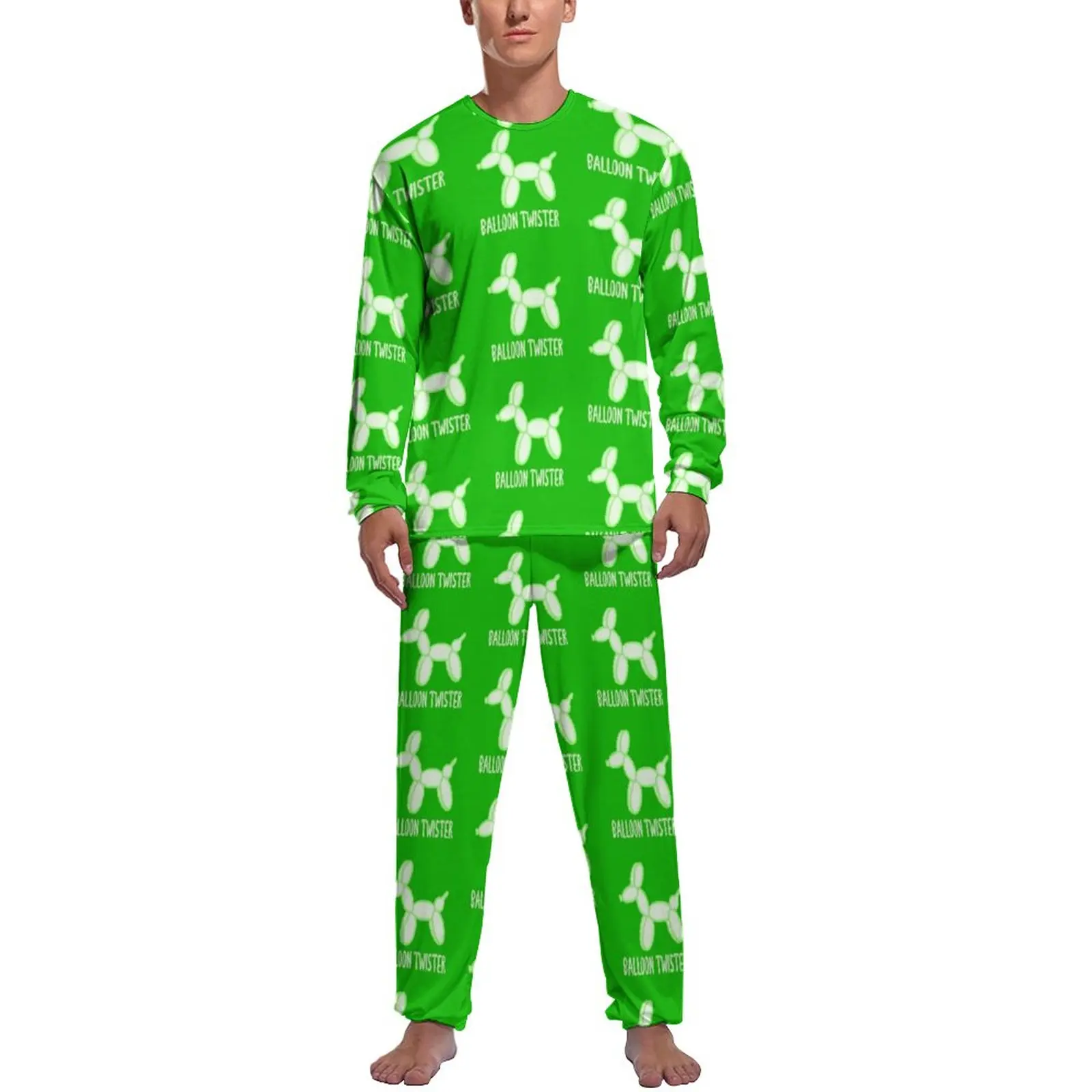 Balloon Twister Green Pajamas Cute Dogs Print Men Long Sleeves Cool Pajama Sets 2 Piece Casual Daily Graphic Sleepwear Gift Idea