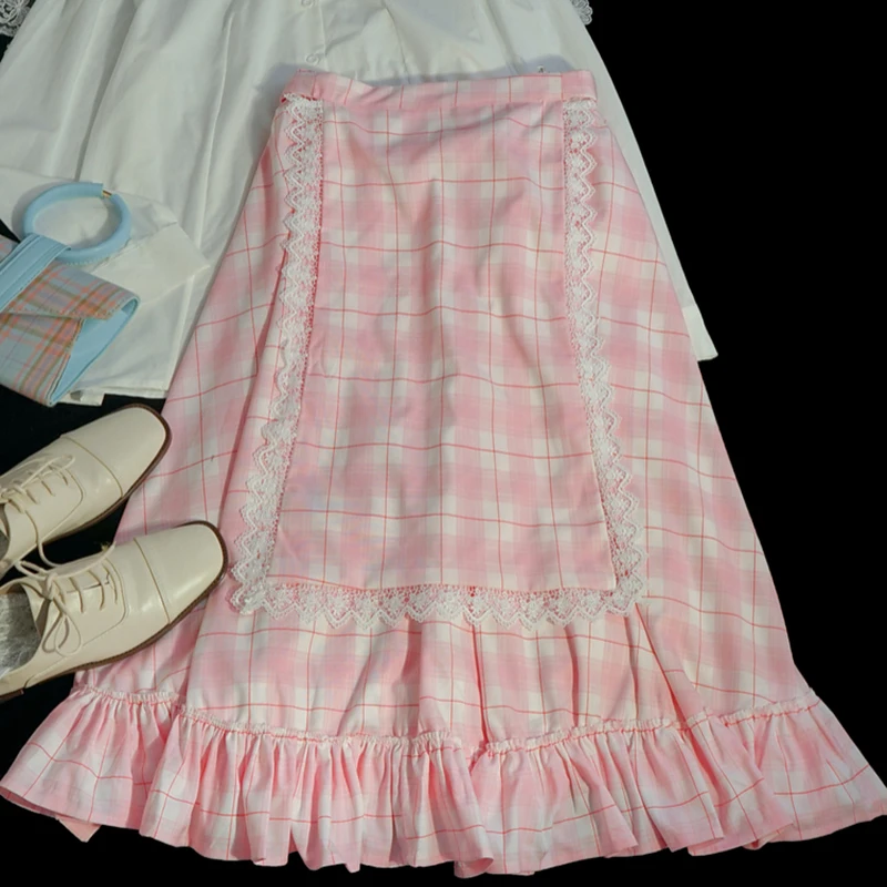 

Женский летний комплект из 2 предметов, белая рубашка с воротником «Питер Пэн» и кружевной отделкой, розовая клетчатая юбка, милая Одежда дл...